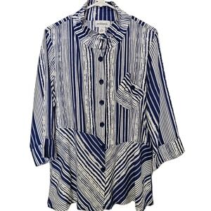 Peck & Peck Women XL Blue White Striped 3/4 Sleeve Button Lightweight Blouse EUC